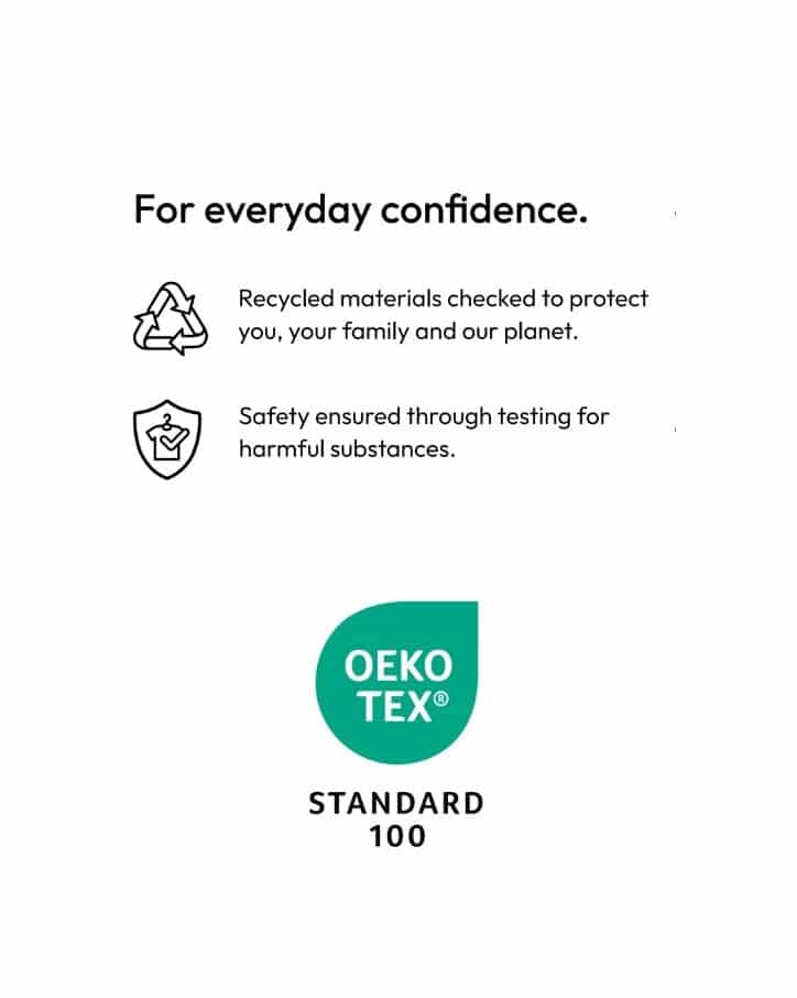OEKO-TEX Standard 100 logo emphasizing safety in recycled textiles.